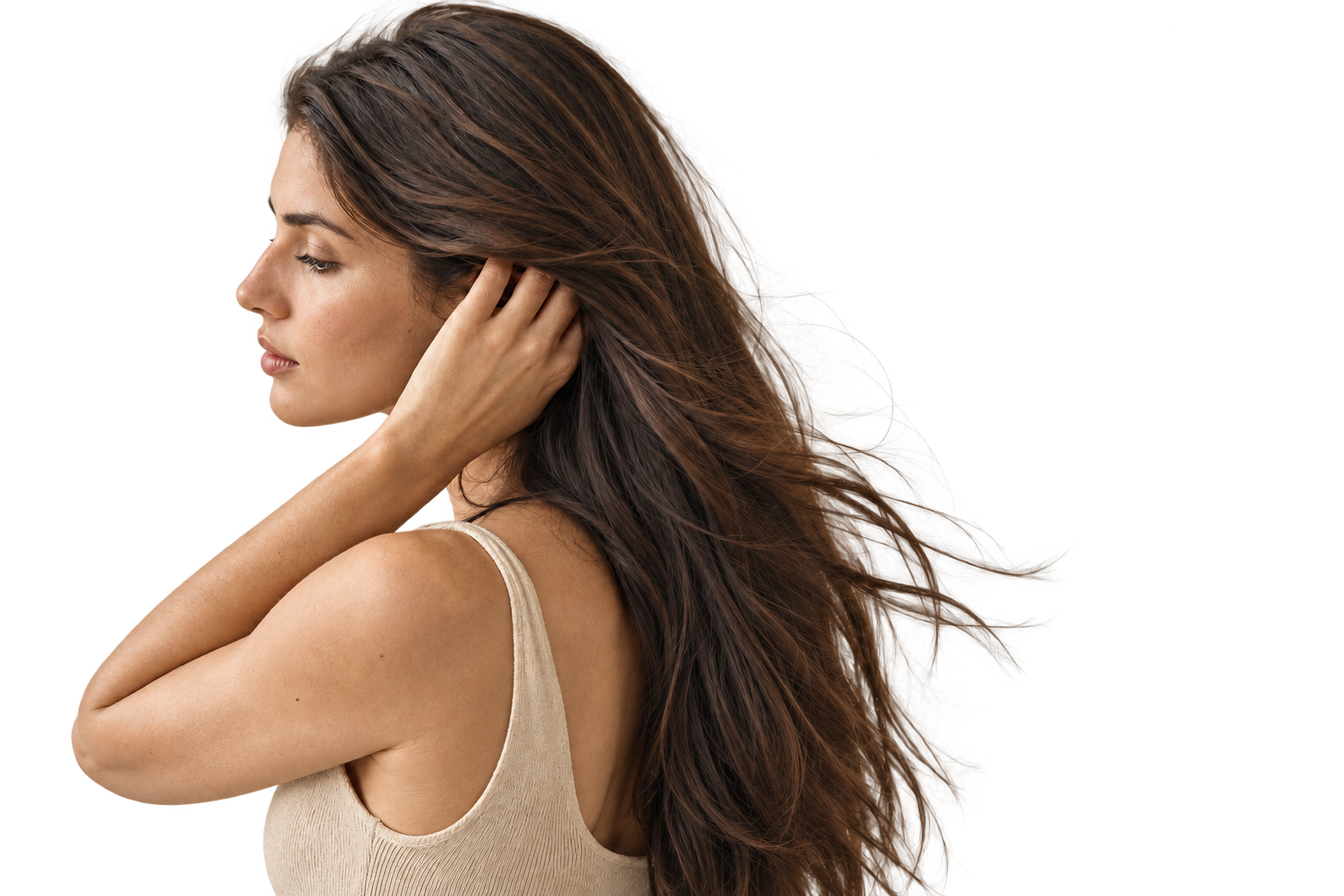 Editorial profile with naturally flowing dark hair